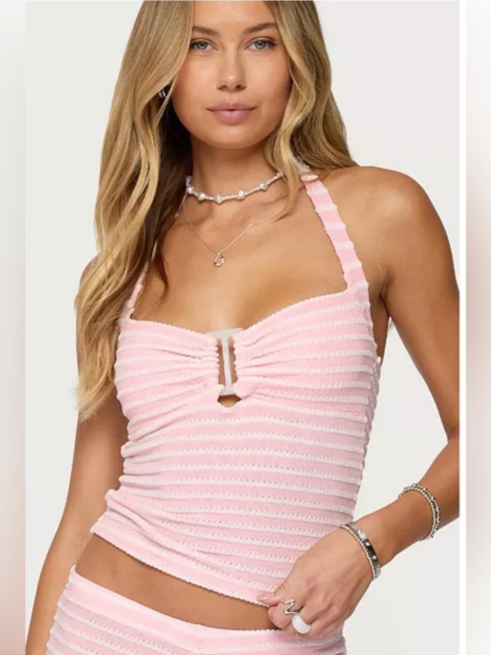 Edikted Lovina Textured Stripe Pink and White Halter Top Size Small - NWOT